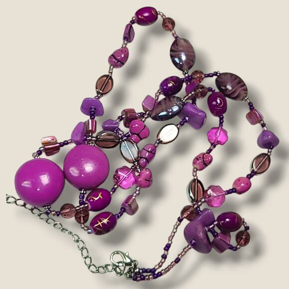 Vintage Bright Purple Stone Art Glass & MOP Shell Bead Necklace 42" - Picture 10 of 11